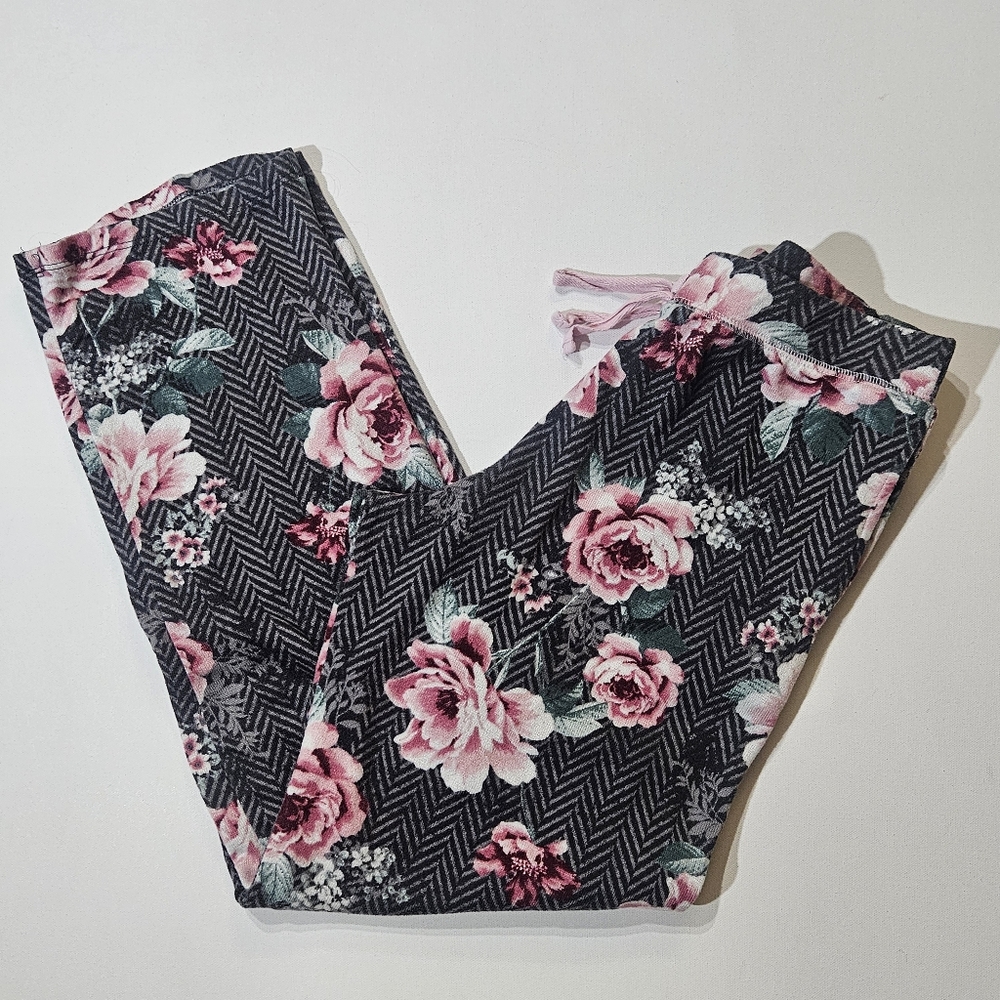 Laura Ashley Loungewear Pants Womens Medium Grey Pink Floral Fleece Casual